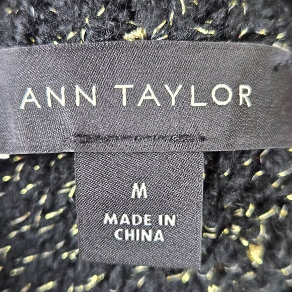 Ann Taylor Size Medium Black Metallic Gold Knit Turtleneck Sweater Puff Shoulder - Picture 10 of 13